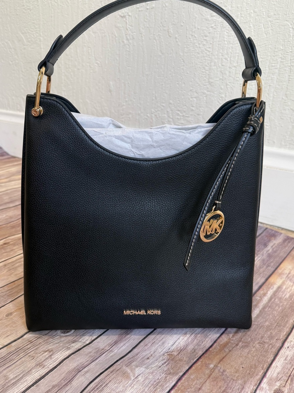 Michael Kors Black Leather Shoulder Bag with Gold Accents